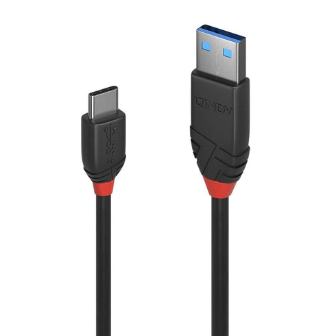 LINDY 36916 Black Line USB Cable, USB 3.2 Type-A (M) to USB 3.2 Type-C (M), 1.5m, Black & Red, SuperSpeed USB Supports Data Transfer Speeds up to 10Gbps, Robust PVC Housing, Nickel Connectors & Gold Plated Contacts, Retail Polybag Packaging