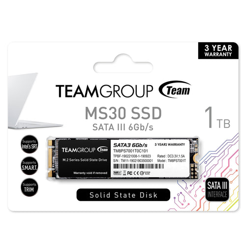 Team MS30 (TM8PS7001T0C101) 1TB, M.2 Sata Interface, PCIe Gen3, Read 530MB/s, Write 480MB/s, 3 Year Warranty