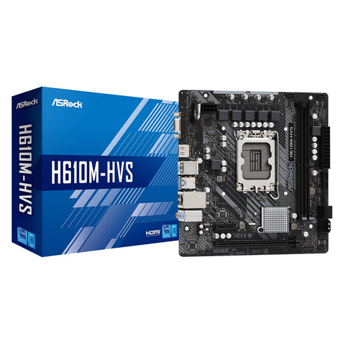 ASRock H610M-HVS Motherboard, Intel Socket 1700, 12th Gen, Micro ATX, DDR4, 5 Phase Power Design, 1x PCIe 4.0 x16, 1x PCIe 3.0, 4x SATA3, 4x USB 3.2 Gen1, 6x USB 2.0, Realtek Gigabit LAN, HDMI, VGA