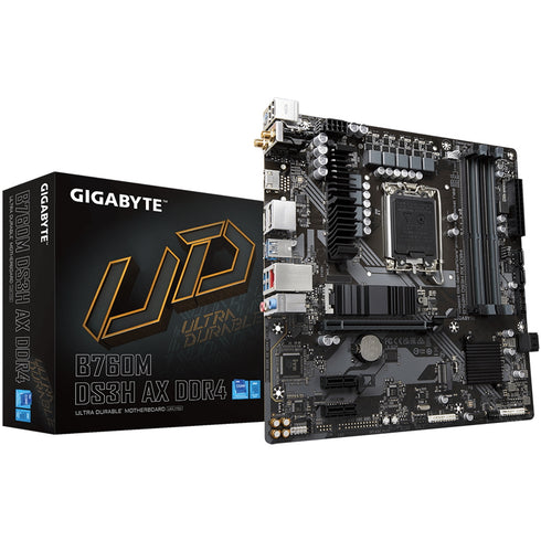 Gigabyte B760M DS3H AX DDR4 Ultra Durable Intel 1700 Socket Motherboard, Micro-ATX, 4x DDR4 Slots, 2x M.2 Sockets, 2.5GbE LAN, Wi-Fi 6E, 2x DisplayPort / 1x HDMI Port
