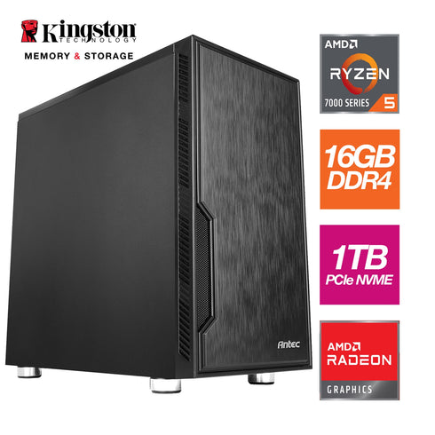 AMD Ryzen 5 7600 6 Core 12 Threads 3.80GHz (5.10GHz Boost) Kingston 16GB DDR5 RAM, Kingston 1TB NVMe Stylish Black Antec Case - Pre-Built System