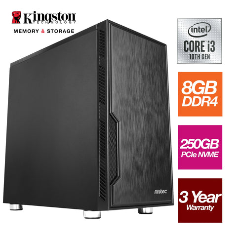 Intel i3 10100 Quad Core, 8 Threads, 3.60GHz (4.30GHz Boost) CPU, 8GB Kingston DDR4 RAM, 250GB Kingston NVMe M.2, Antec VSK Chassis - Pre-Built PC