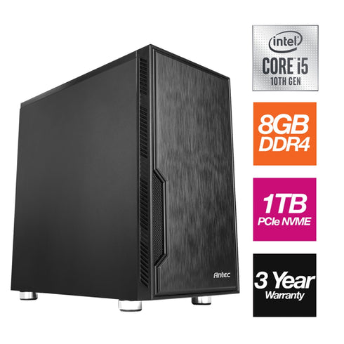 Intel i5-10400 6 Core 12 Threads 2.90GHz (4.30GHz Boost) CPU, 8GB Kingston DDR4 RAM, 1TB Kingston NVMe M.2, Antec VSK Chassis - Pre-Built PC
