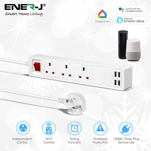 ENER-J WiFi Smart Mains Power 3-Gang Extension with 4x USB Ports, App/Voice Control, Surge/Overload Safety Protection