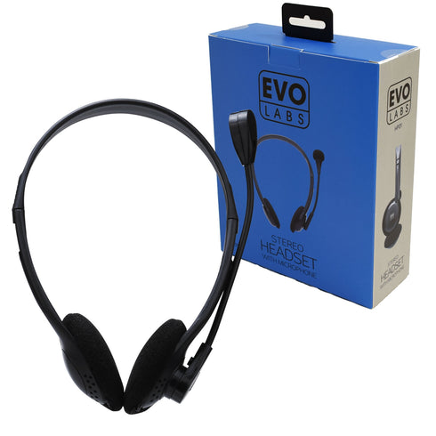 Evo Labs HP01 Headset with Mic, 2x 3.5mm Connection, Plug and Play with 40mm Audio Drivers, Black